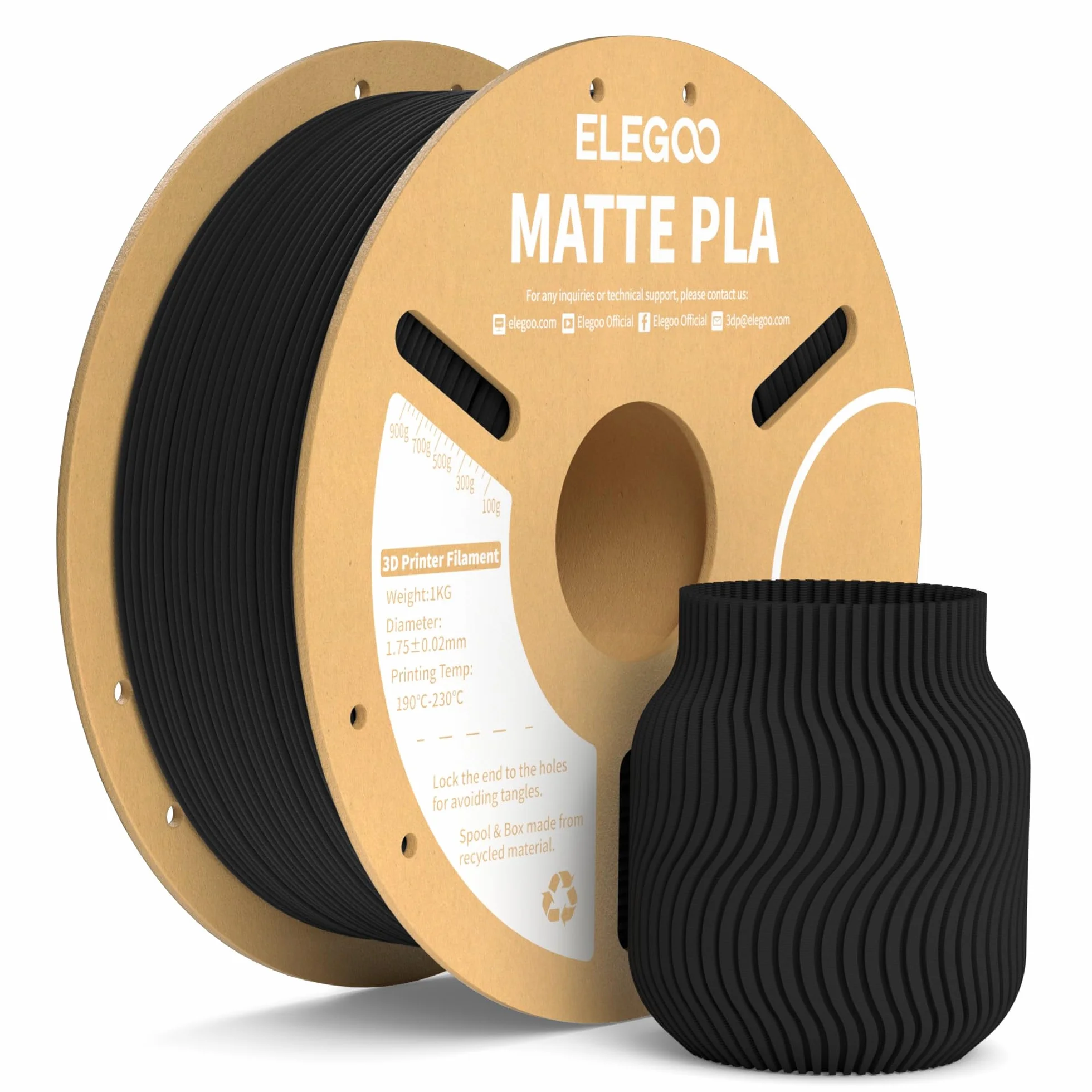 ELEGOO Filamento PLA Matte Nero 1 kg 1,75 mm Opaco per Stampante 3D precisione +/- 0,02 mm