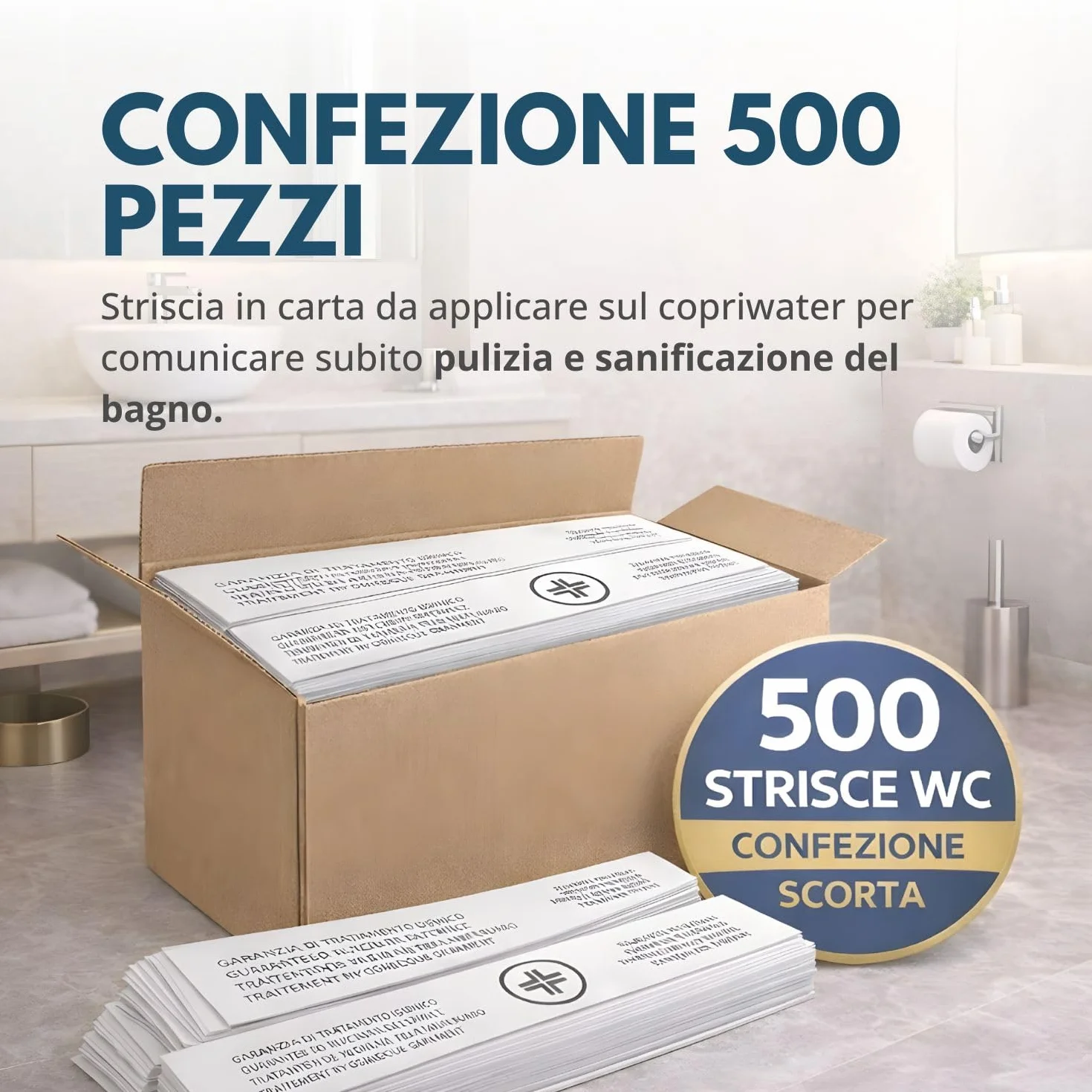 Strisce garanzia igiene WC con testo in 4 lingue 500 pz, 62x6,5 cm
