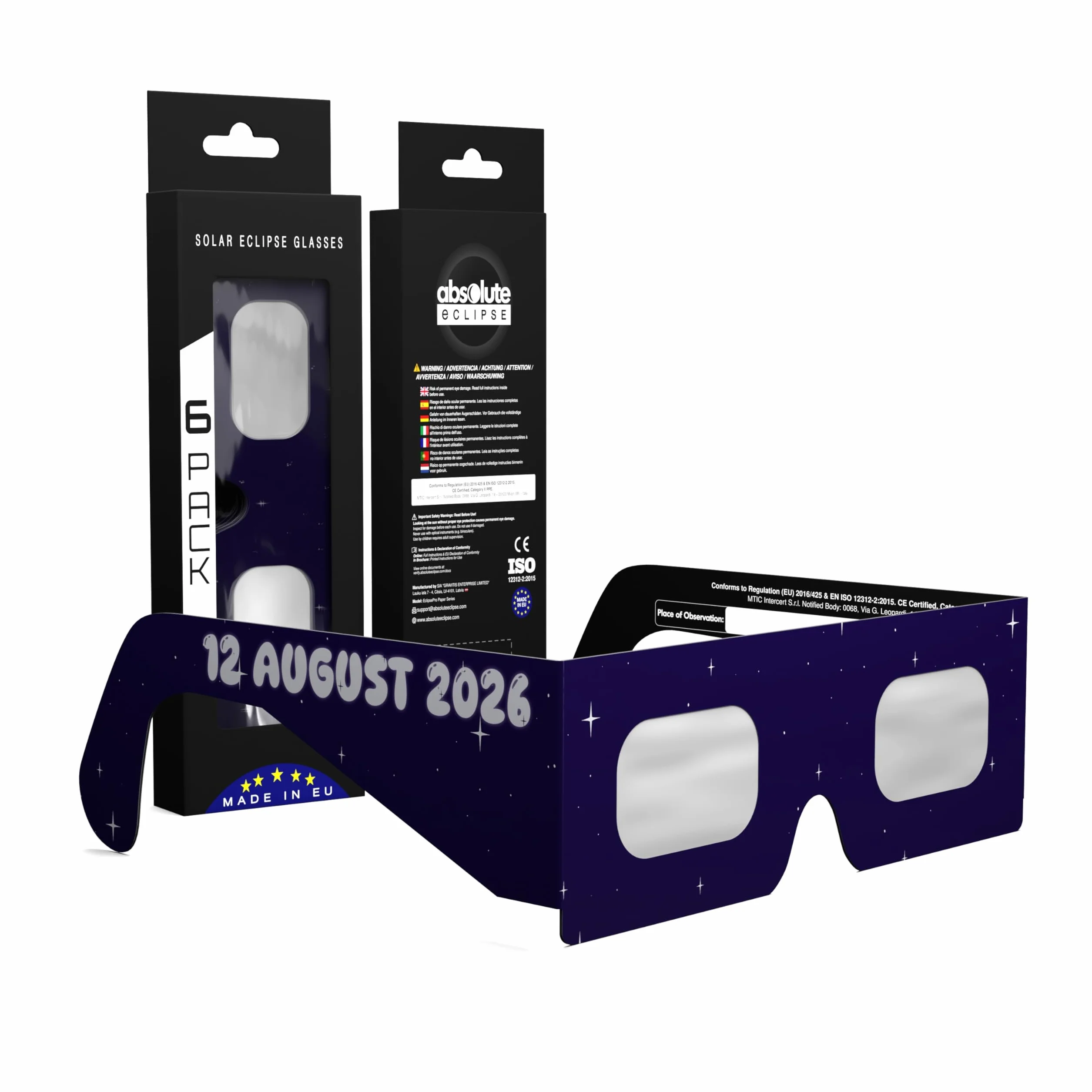 Absolute Eclipse Occhiali Eclissi Solare Certificati ISO 12312-2 CE | Occhiali per Vedere Eclissi 12 Agosto 2026 | Produttore Europeo Riconosciuto AAS | Confezioni 1/2/6/10/50/100