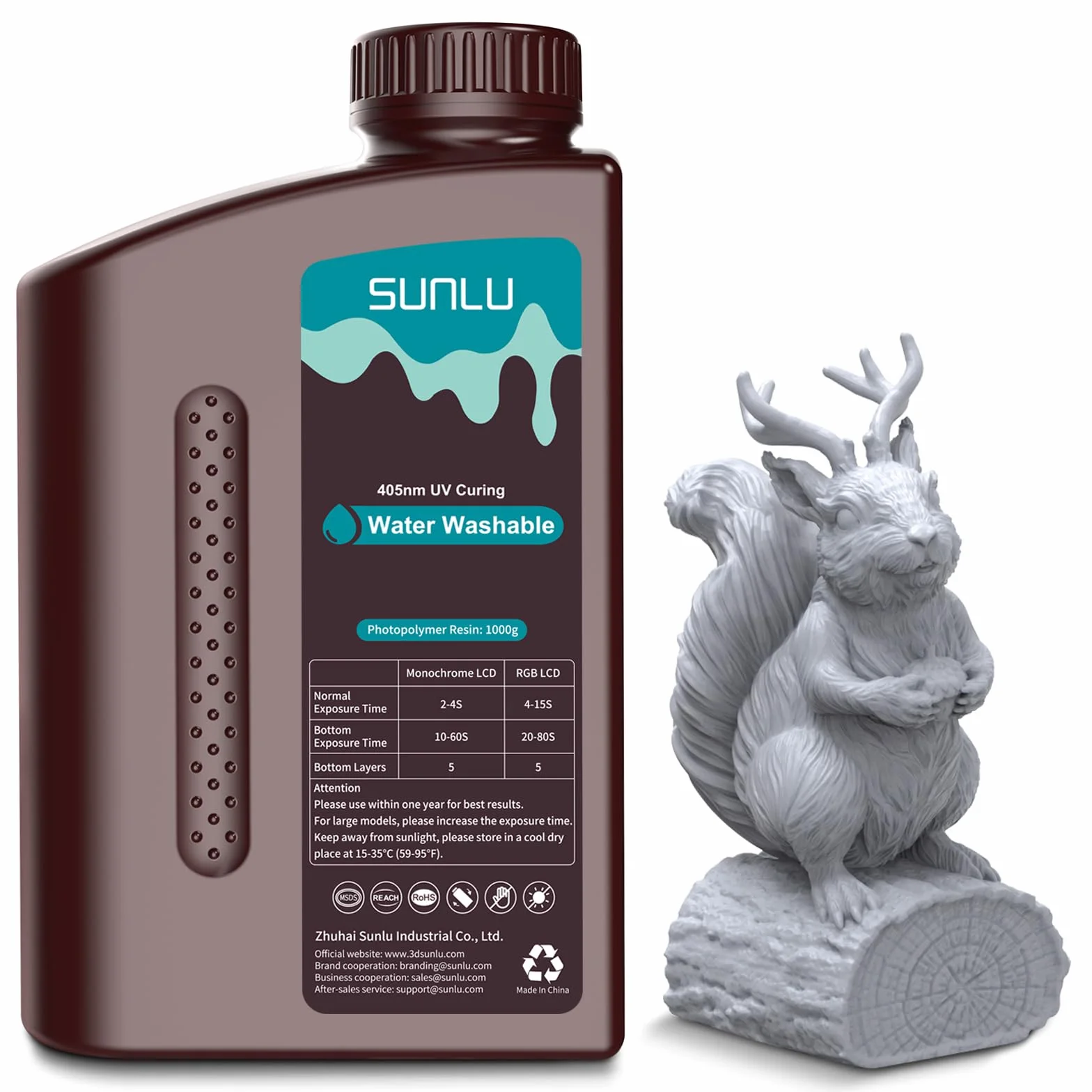 SUNLU Lavabile Acqua Resina Stampante 3D, 1kg 405nm UV Polimerizzazione Rapida Resina 3D per 2K 4K 8K LCD DLP SLA Resina Stampanti 3D, Nessun Alcool Richiesto, Alta Precisione 3D Resina,Grigio