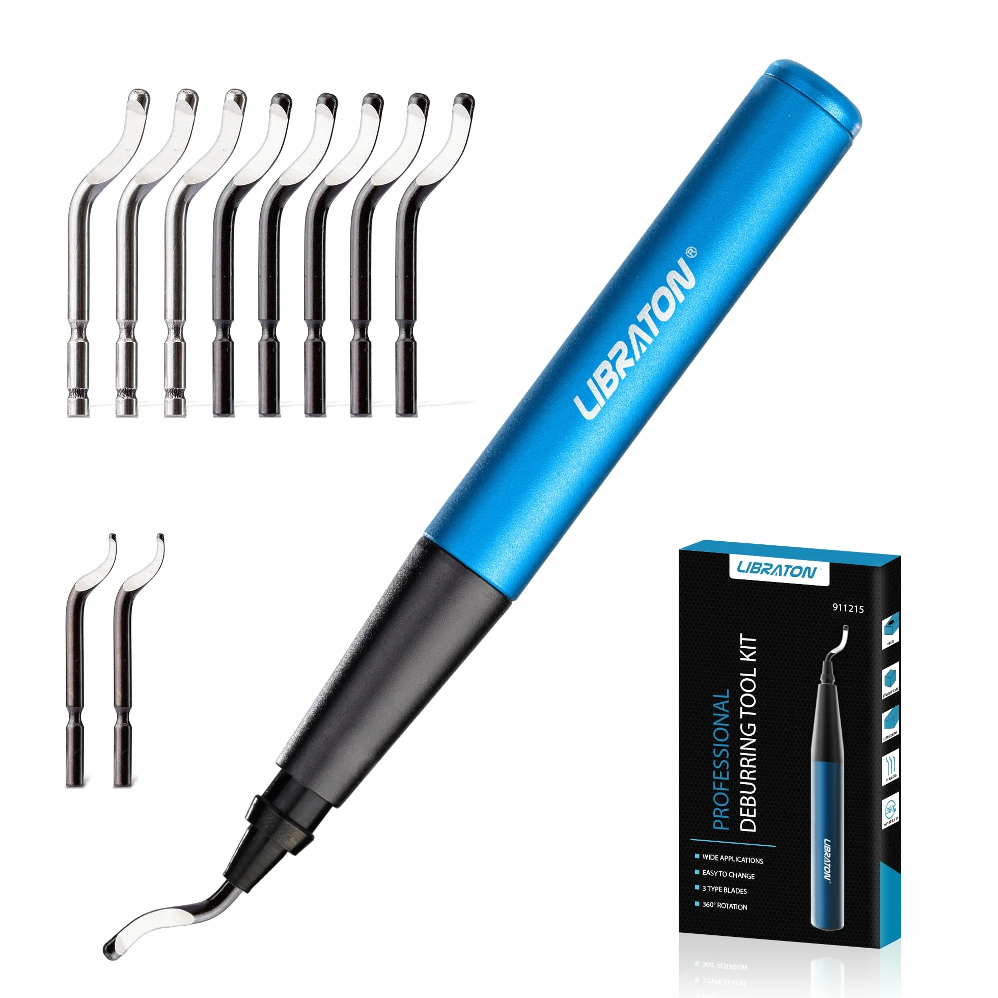 Libraton Sbavatura Strumento, Utensile di Sbavatura Universale con 11 Lame in Acciaio ad Alta Velocità, Testa Rotante a 360 Gradi, Manico Lega di Alluminio, Sbavatore per Stampa 3D, Metallo, Resina