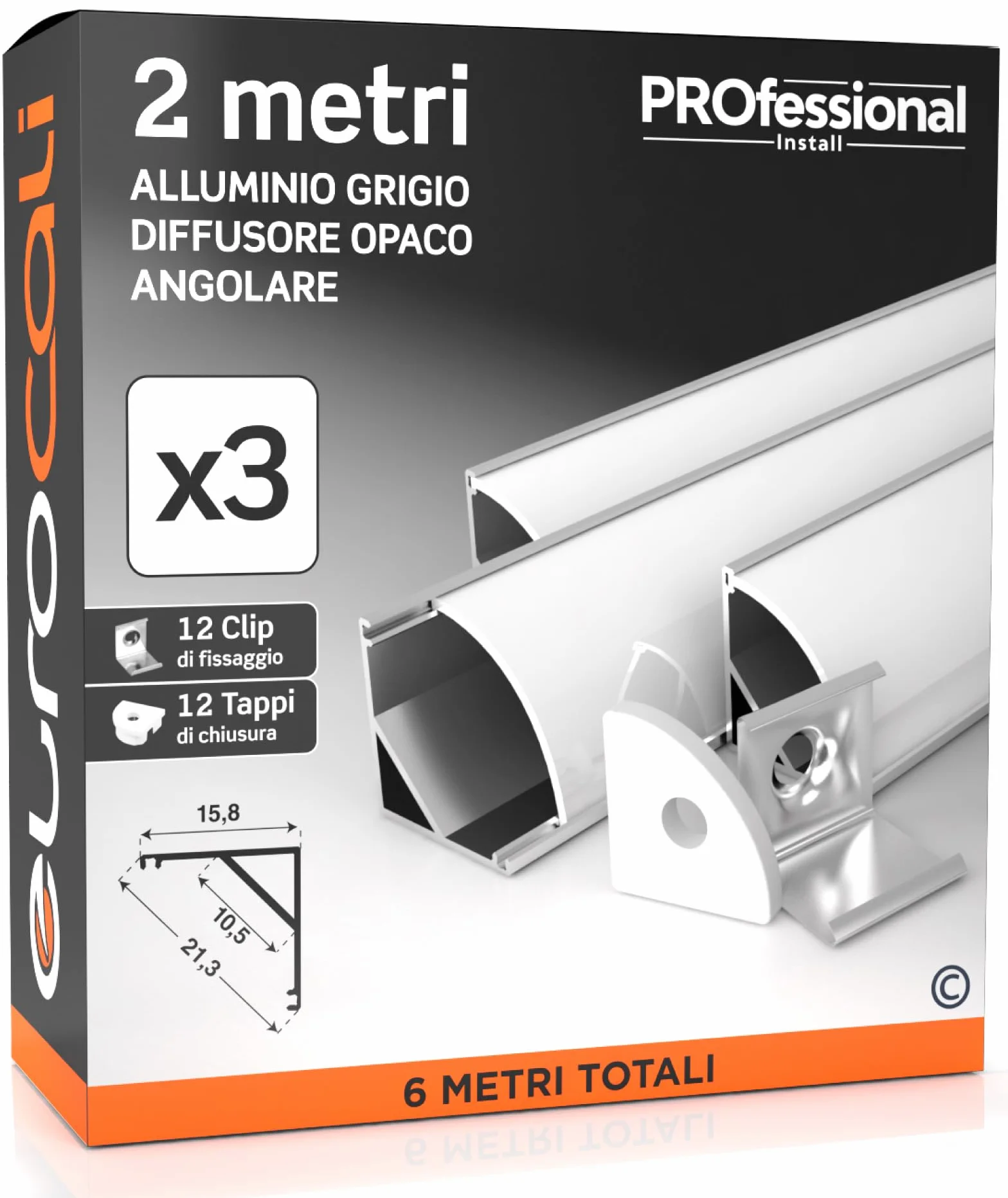 Eurocali Profili Angolari Alluminio 2m Strisce LED Schermatura Opaca Angolo 45° 15.8x15.8mm