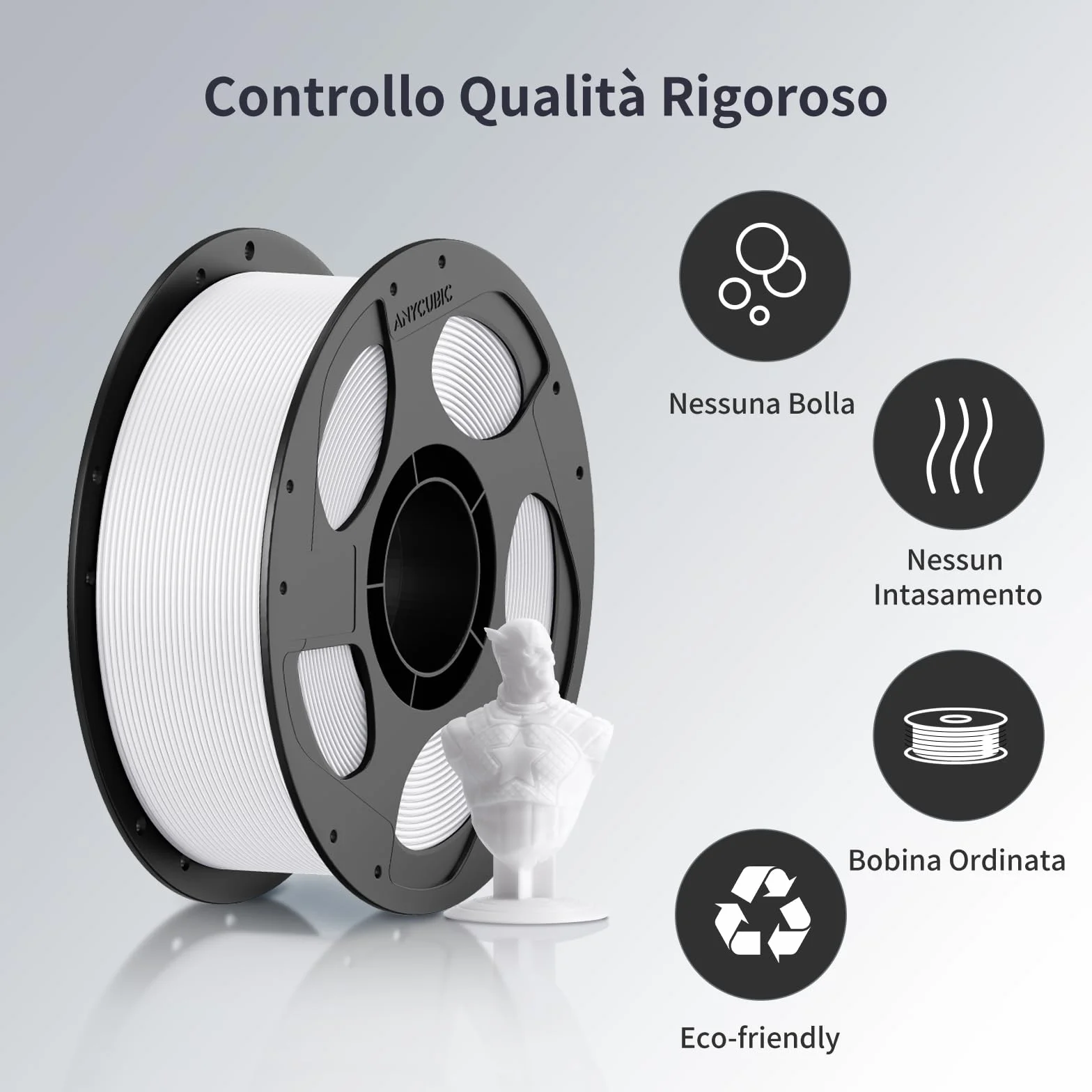 ANYCUBIC Filamento PLA 1,75 mm per Stampante 3D, Precisione +/- 0,02 mm, Bianco Brillante 1 KG