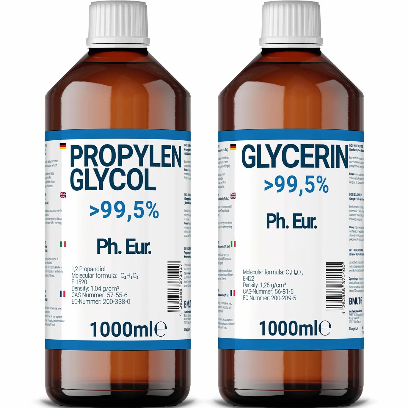 1000 ml di glicerina + 1000 ml di glicole propilenico di qualità farmaceutica | > 99,5% | puro | E422 + E1520 DIY