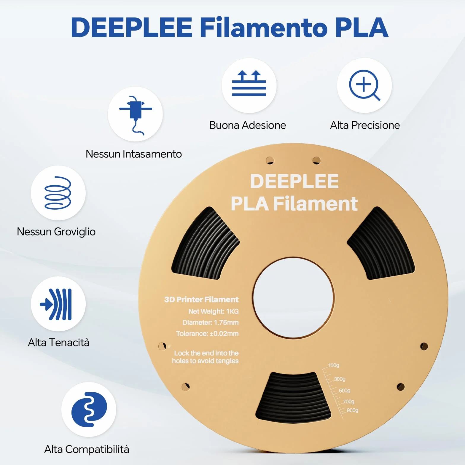 DEEPLEE Filamento PLA 1.75 mm 1 kg Legno Naturale Precisione Dimensionale ±0.02 mm per Stampanti 3D FDM