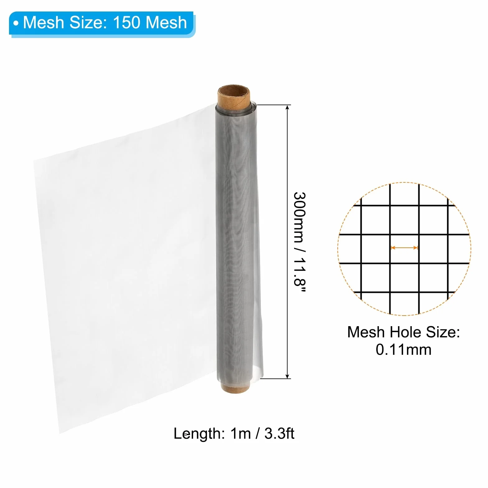 PATIKIL 11.8"x3.3ft 304 Inossidabile Acciaio Filo Maglia Schermo, 150 Maglia Tessuto Ventilazione Filtro Maglia Duro e Calore Resistere Foro Riempire per Gabbia Giardino Finestra