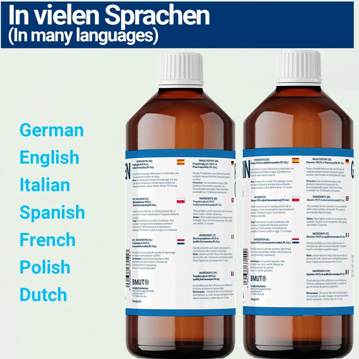 1000 ml di glicerina + 1000 ml di glicole propilenico di qualità farmaceutica | > 99,5% | puro | E422 + E1520 DIY