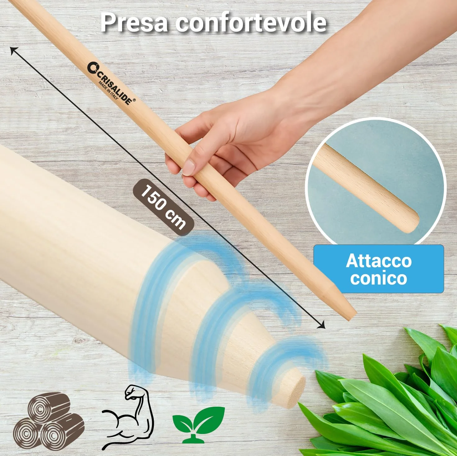 Crisalide Manico in Legno di Faggio Multiuso 150 cm Attacco Conico Made In Italy