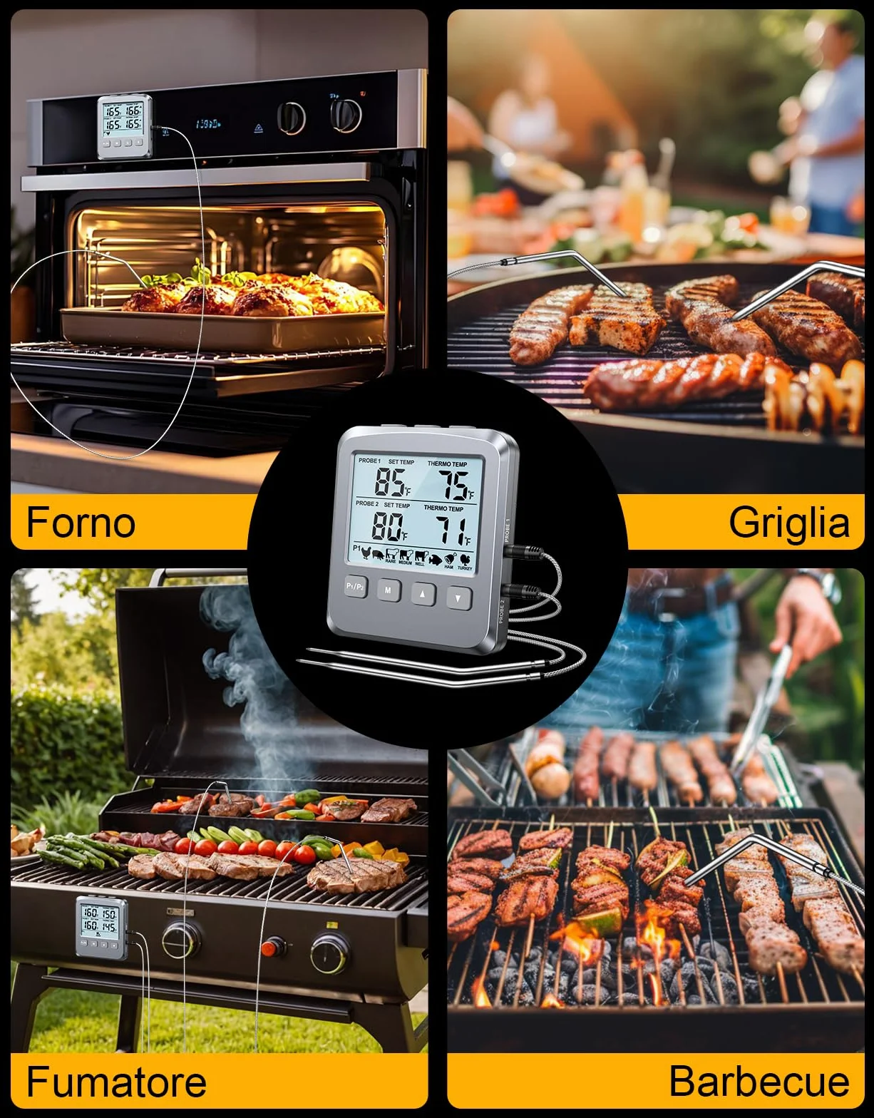 CIRYCASE Dual Sonda Termometro Cucina Digitale, Termometro Alimenti con LCD e Allarme, Lettura Rapida per Barbecue Forno Carne Latte Olio Frittura
