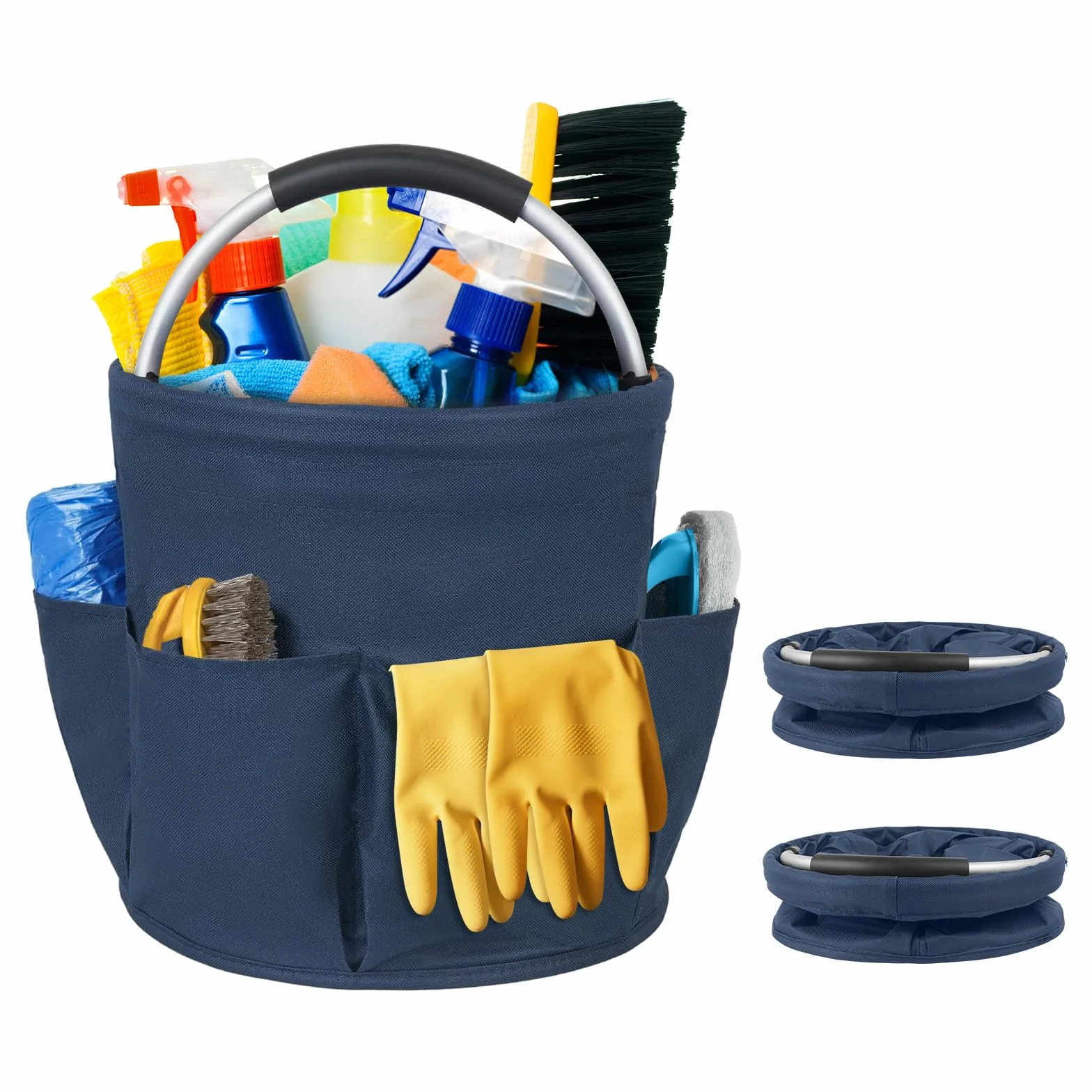 Carello Pulizie con Manico 2 Cestini Porta Atrezzi 6 Tasche Borsa Organizer Pieghevole Sacca Portaoggetti Pulizia Professionale Blu