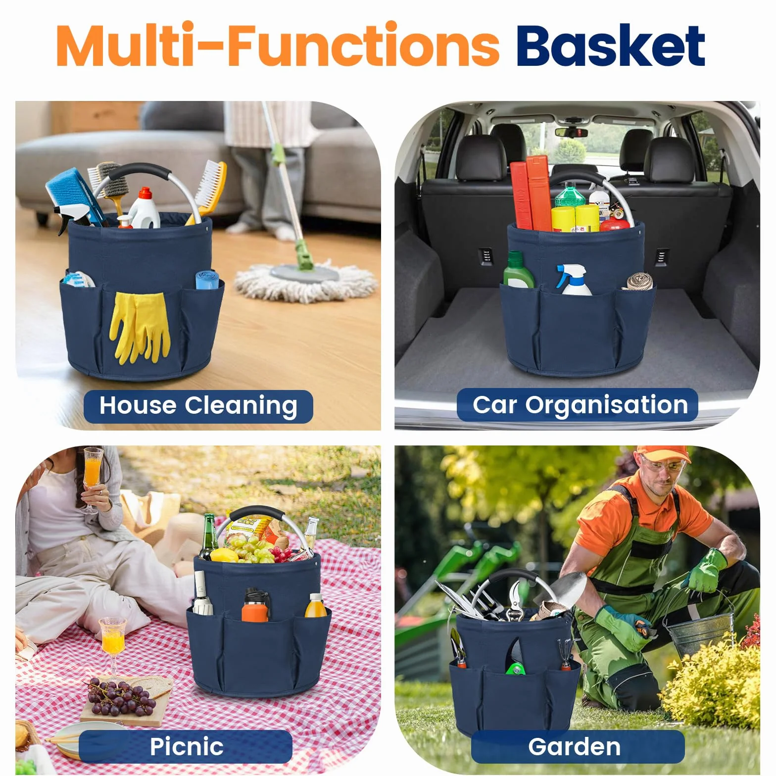 Carello Pulizie con Manico 2 Cestini Porta Atrezzi 6 Tasche Borsa Organizer Pieghevole Sacca Portaoggetti Pulizia Professionale Blu