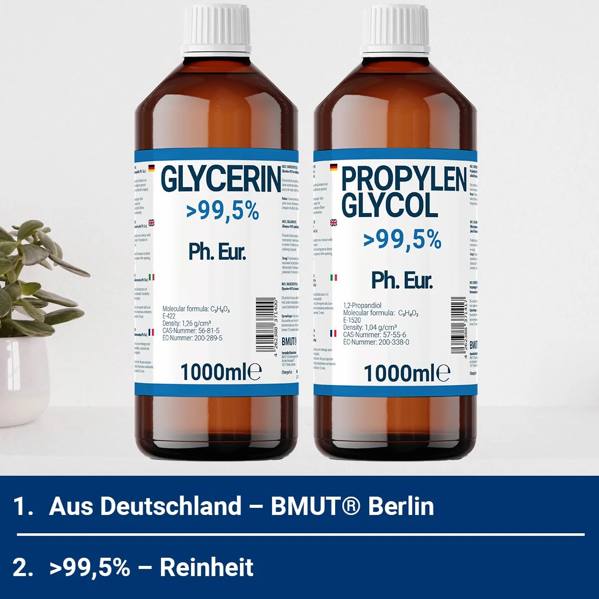 1000 ml di glicerina + 1000 ml di glicole propilenico di qualità farmaceutica | > 99,5% | puro | E422 + E1520 DIY