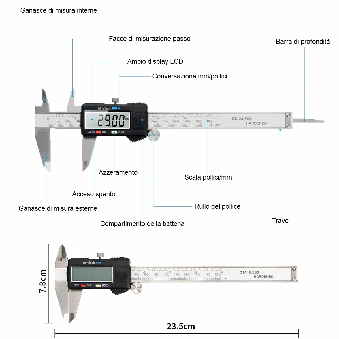 Calibro Digitale, Qfun Precisione Micrometro in Acciaio Inox 150mm con Ampio Display LCD Inch Electronic Digital Caliper per Misurzione Esterna, Interna, Profondità e di Passo