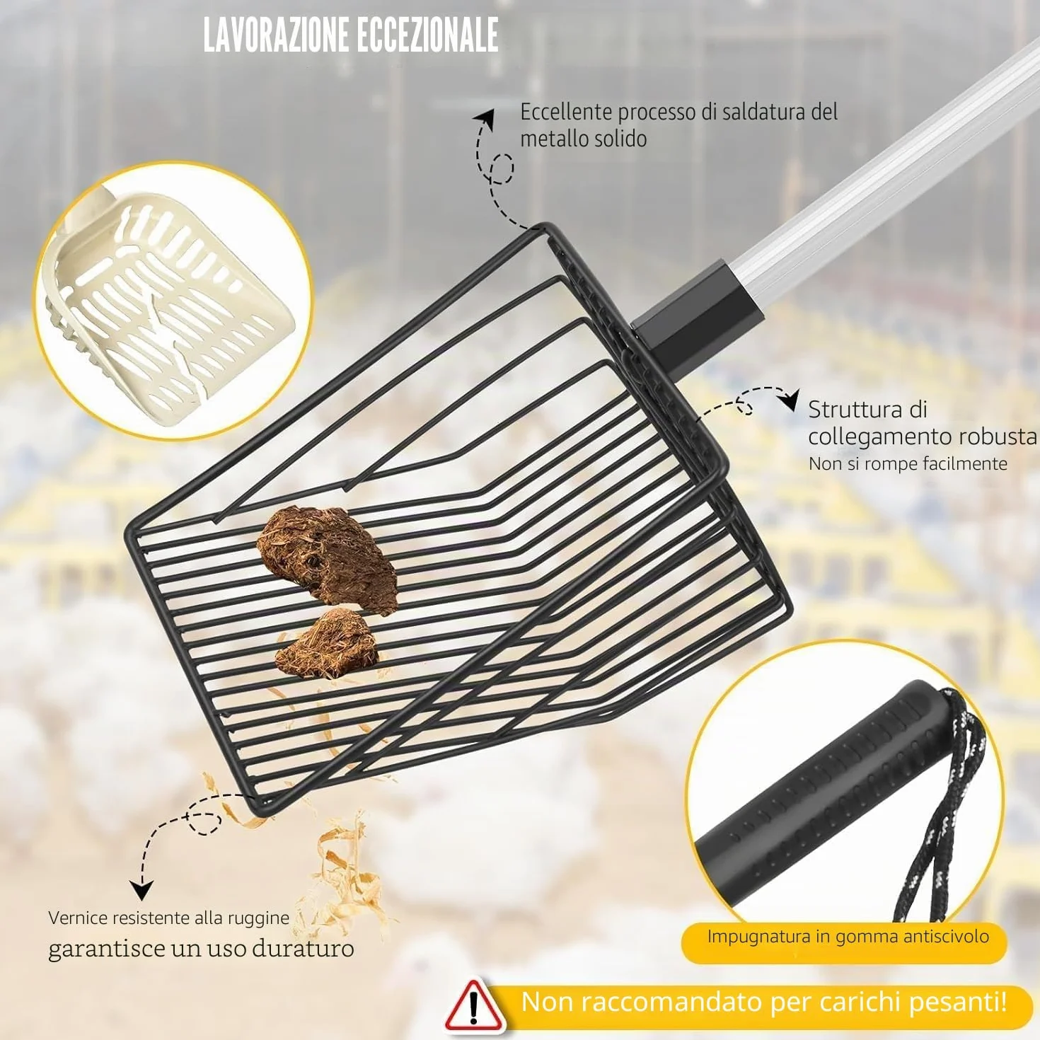 1 x Accessori per pollaio Pala per escrementi e setaccio, separazione feci e detriti dalla sabbia, lettiera per galline