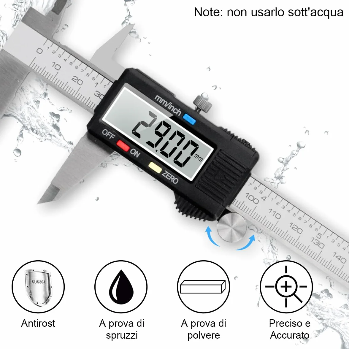 Calibro Digitale, Qfun Precisione Micrometro in Acciaio Inox 150mm con Ampio Display LCD Inch Electronic Digital Caliper per Misurzione Esterna, Interna, Profondità e di Passo